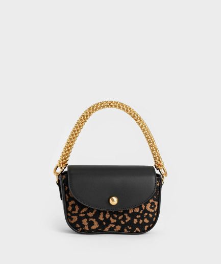 Beaded Metallic Handle Sculptural Bag - Animal Print Black