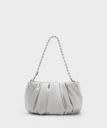 Satin Ruched Bead-Handle Bag - Silver