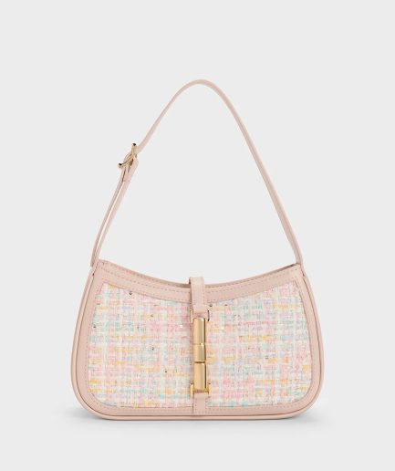 Cesia Metallic Accent Tweed Shoulder Bag - Pink