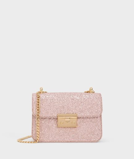 Glittered Push-Lock Chain-Handle Bag - Blush
