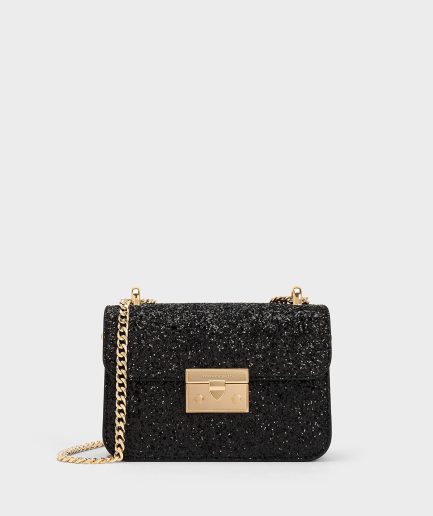 Glittered Push-Lock Chain-Handle Bag - Black