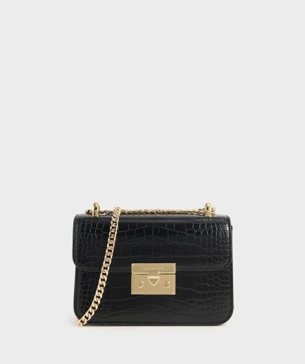 Croc-Effect Chain Strap Crossbody Bag - Black