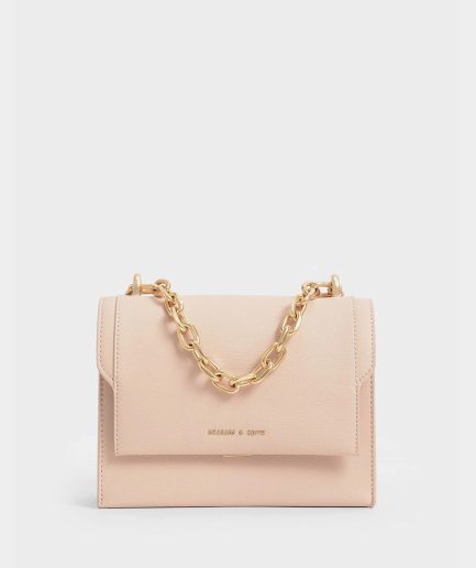 Front Flap Chain Handle Crossbody Bag - Light Pink